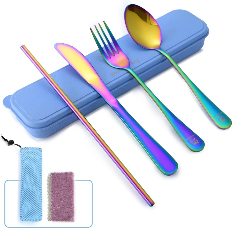 Boulder Bee | Travel Utensils Set | Reusable Camping Cutlery Set | Stainless Steel Flatware Set | Portable Silverware Set with Case | Includes Knife/Fork/Spoon/Straw/Cleaning Cloth/Case (Rainbow) - Image 1